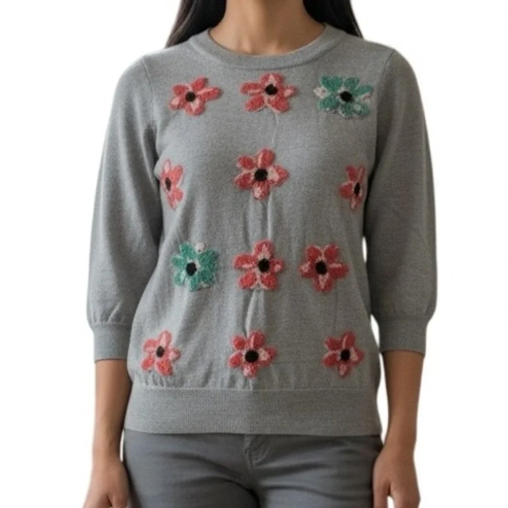 J. CREW 100% Merino Wool Tippi 3/4 Sleeve Crewneck Sweater Graphic Floral EUC XS